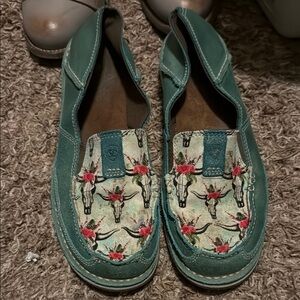 Ariat Blue and Red Flats with Floral Design